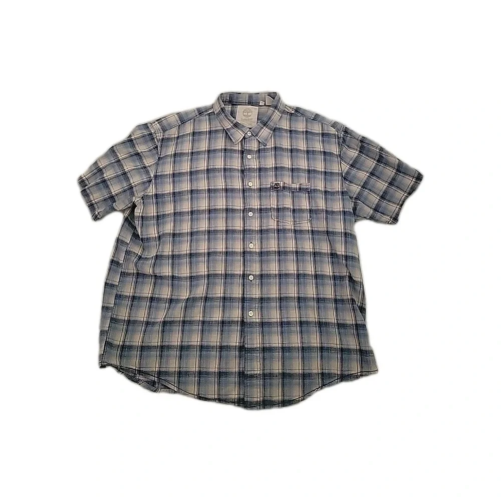 Timberland Shirt Mens Size 2XL Blue White Plaid Earthkeepers Short Sleeve Button